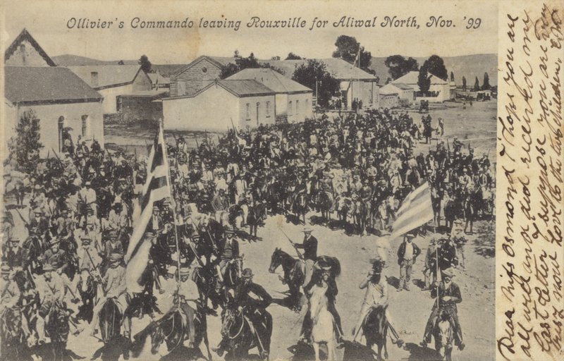 Postcard depicting Olliviers Commando leaving Rouxville by South African Photographer