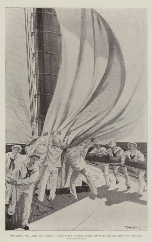 The America Cup, Aboard the Columbia, Taking in the Spinnaker, Showing How the Hatches are Used to Stow Away Sail by T. Dart Walker
