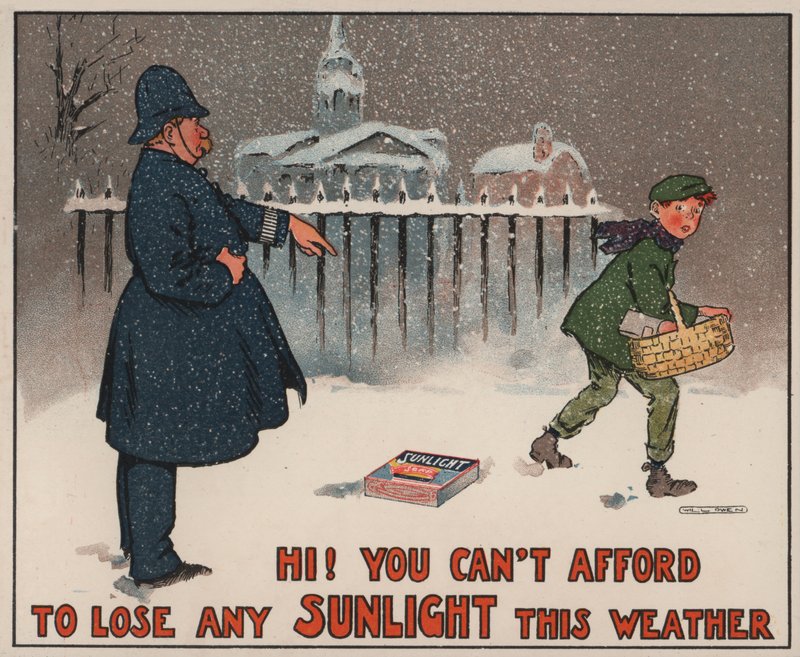Policeman Alerting a Boy Walking in the Snow that He Has Dropped His Packet of Soap: Advertisement for Sunlight Soap by Will Owen