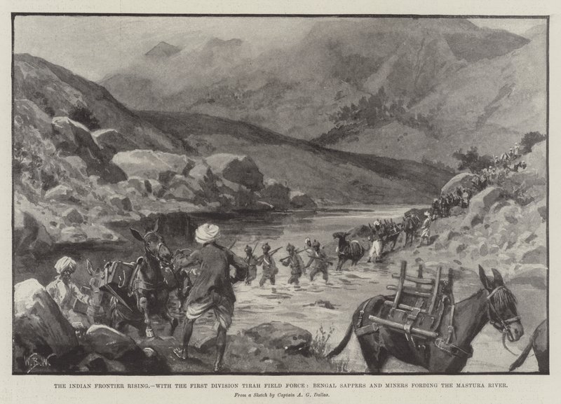 The Indian Frontier Rising, with the First Division Tirah Field Force, Bengal Sappers and Miners fording the Mastura River by William Barnes Wollen