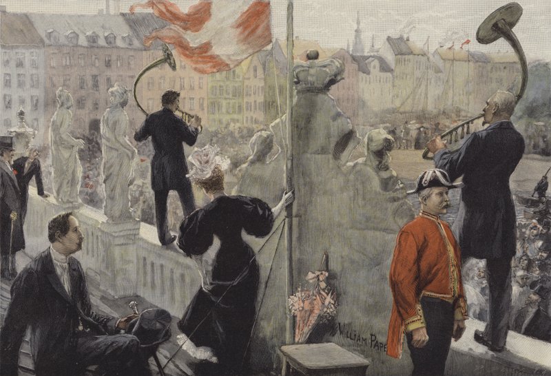 Trumpeters on the Roof of the Ethnographic Museum in Copenhagen on Midsummer