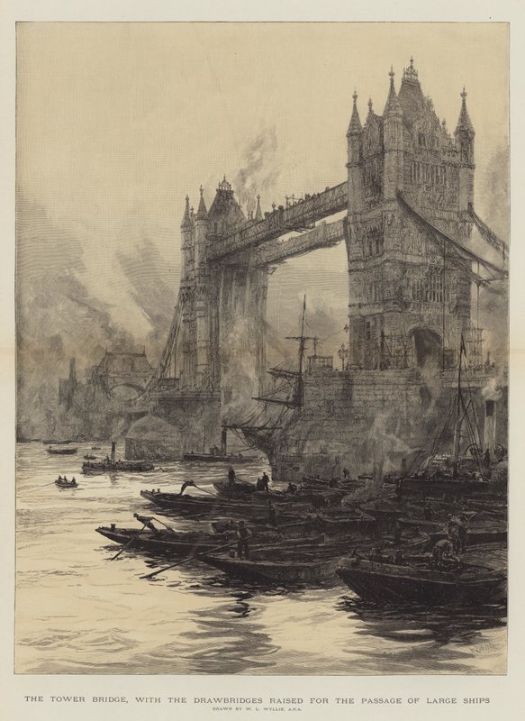 The Tower Bridge, with the drawbridges raised for the passage of large ships by William Lionel Wyllie