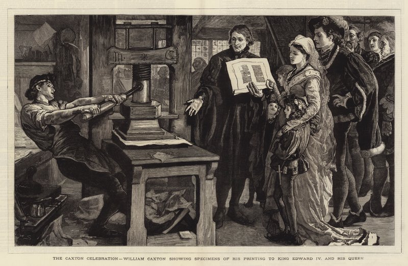 The Caxton Celebration, William Caxton showing Specimens of his printing to King Edward IV and his Queen by William Small