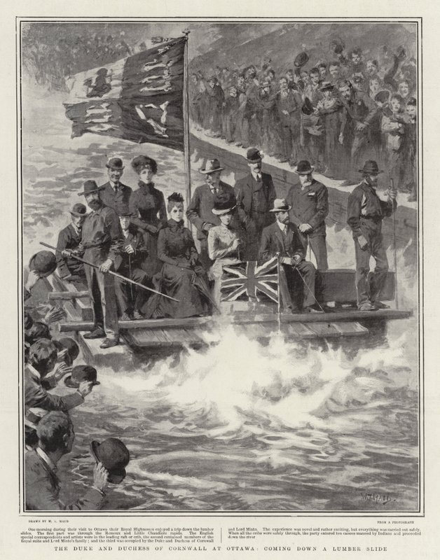 The Duke and Duchess of Cornwall at Ottawa, Coming Down a Lumber Slide by William T. Maud