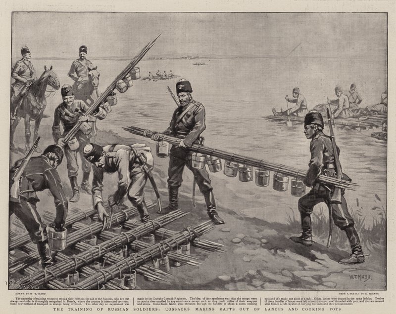 The Training of Russian Soldiers, Cossacks making Rafts out of Lances and Cooking Pots by William T. Maud