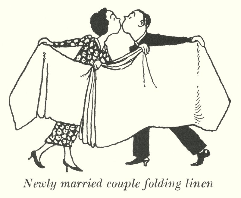 Newly married couple folding linen by William Heath Robinson