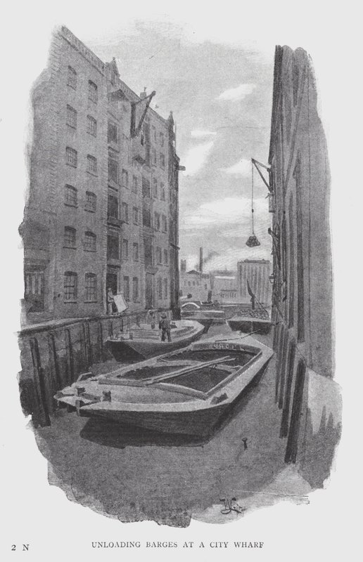 Unloading Barges at a City Wharf by William Luker