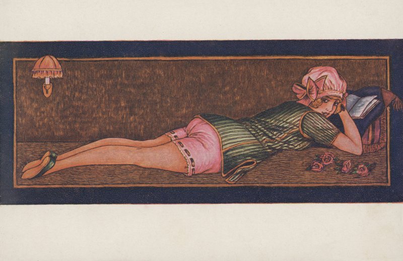 Reading girl in pyjamas and night cap by Xavier Sager