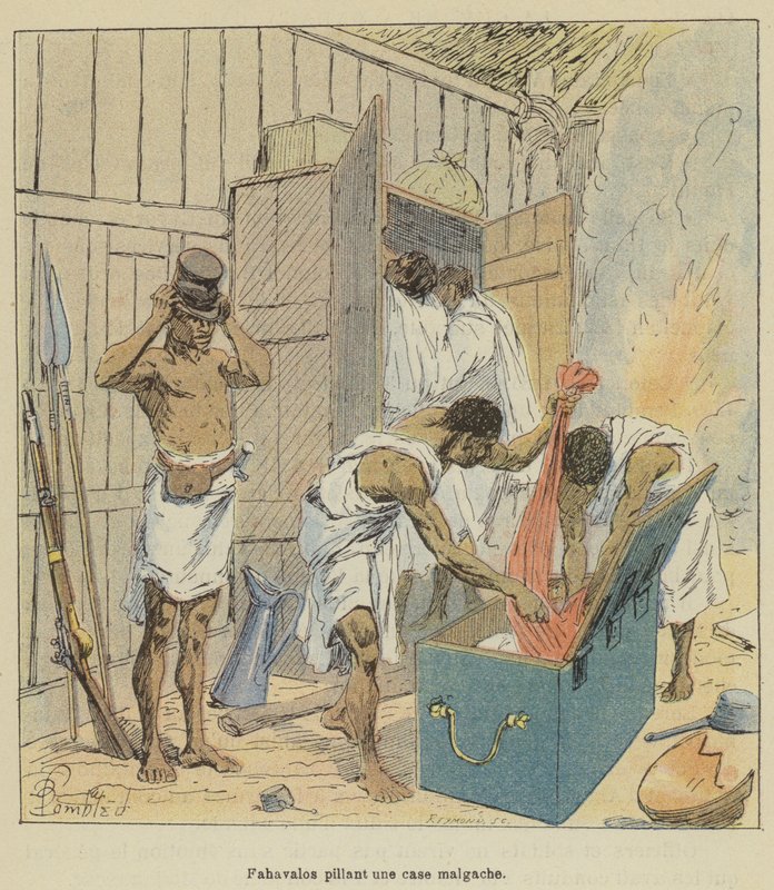 Fahavalos Looting a Malagasy Hut by after Louis Charles Bombled